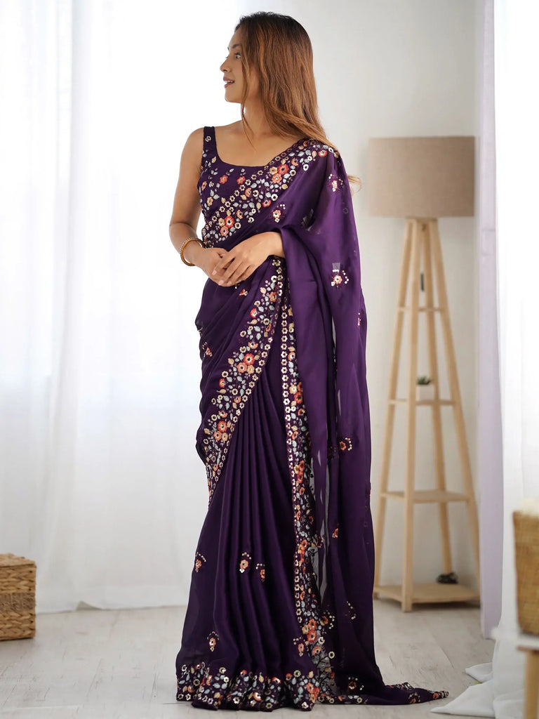 Incredible Purple Floral Embroidered Satin Festival Wear Saree