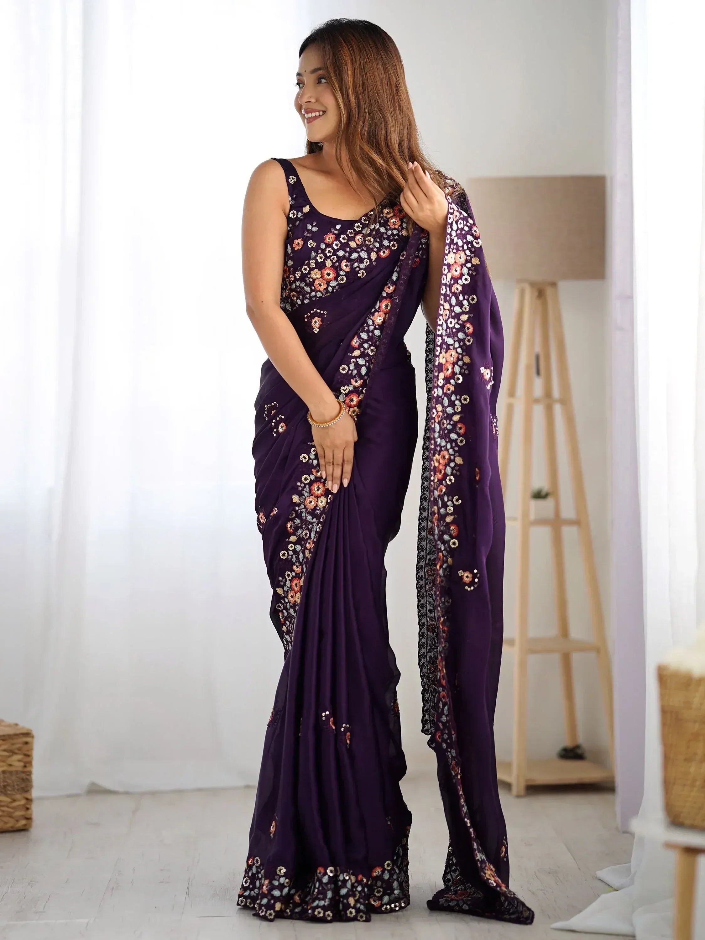 Purple floral embroidered saree with matching blouse, elegant Indian ethnic wear for women