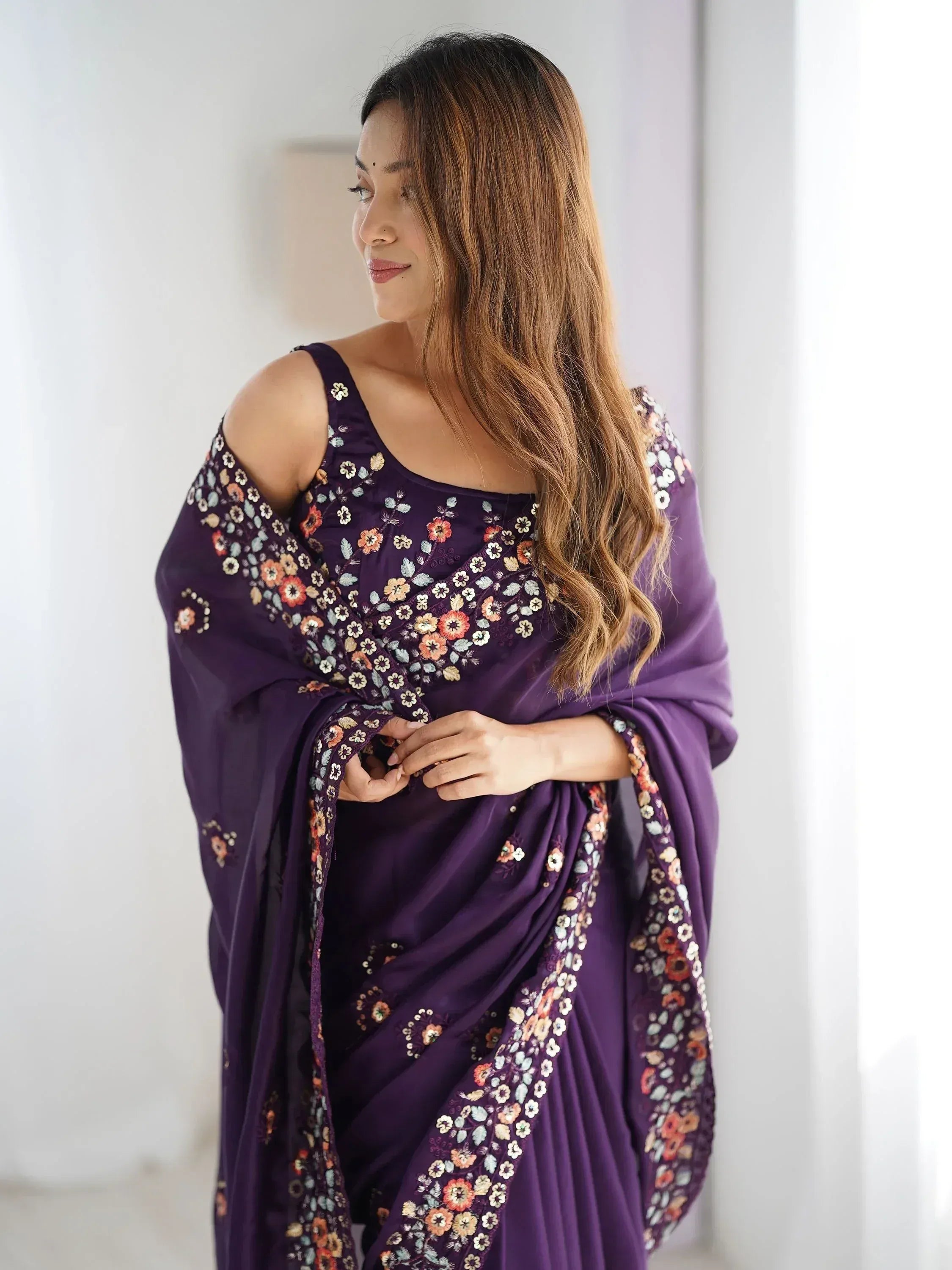 Purple floral embroidered saree with cold shoulder blouse, Indian ethnic wear