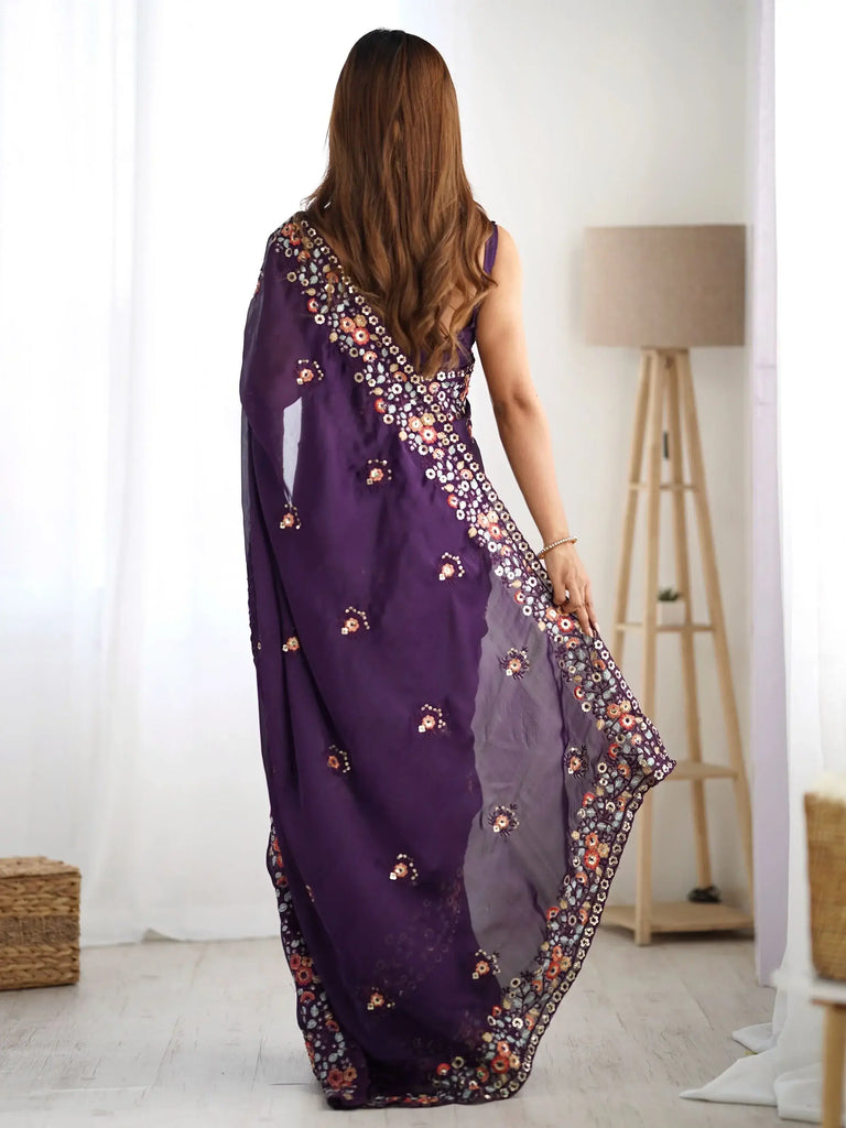 Incredible Purple Floral Embroidered Satin Festival Wear Saree