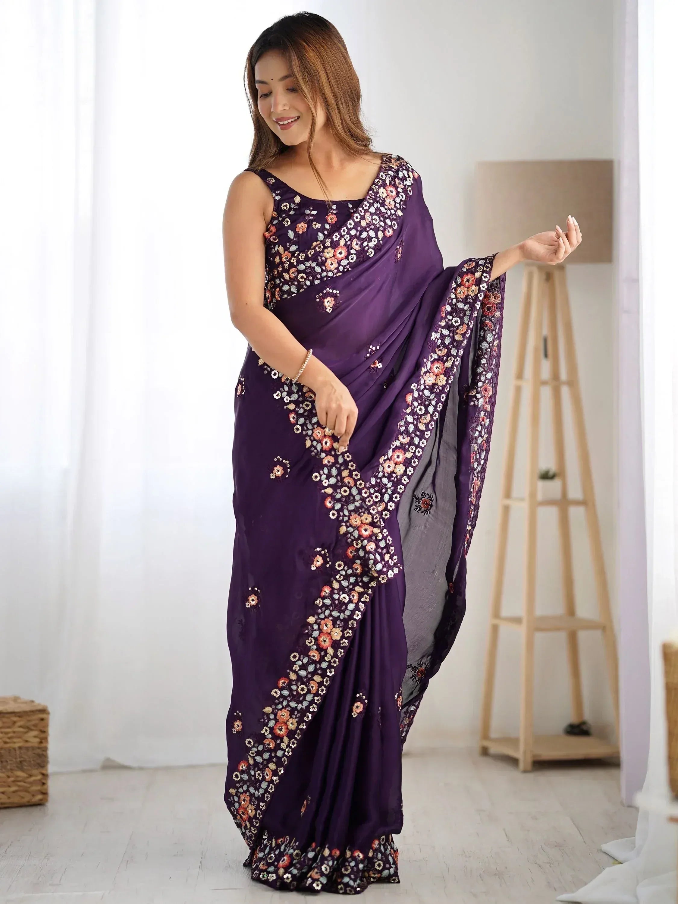 Purple floral embroidered saree with matching blouse, elegant Indian ethnic wear for women