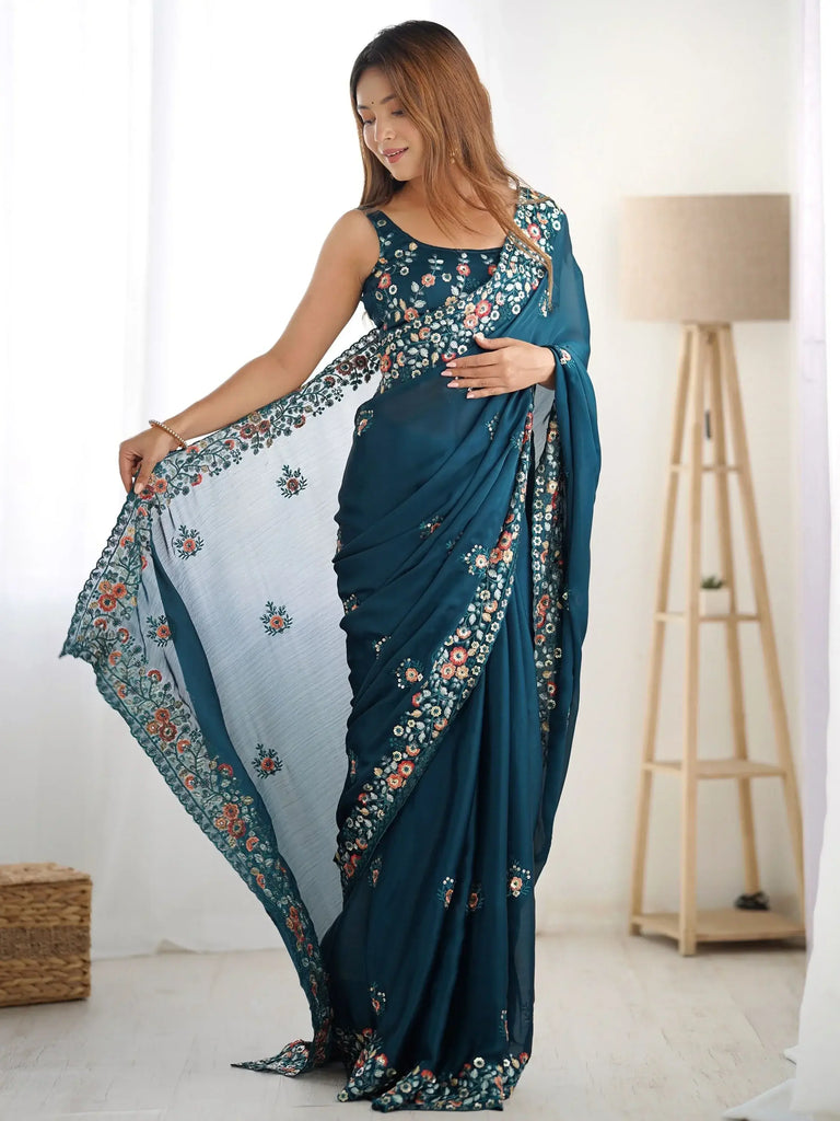 Awesome Teal Blue Floral Embroidered Satin Saree With Blouse