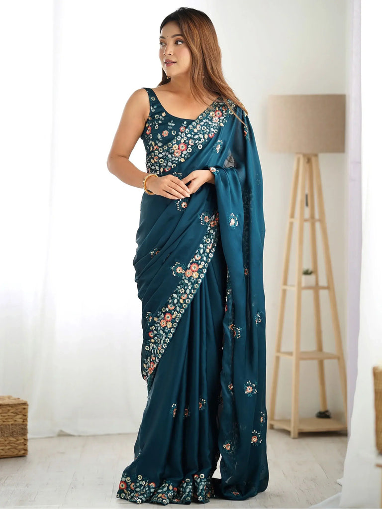 Awesome Teal Blue Floral Embroidered Satin Saree With Blouse