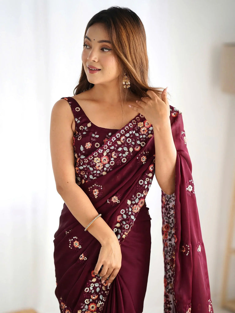 Marvelous Wine Floral Embroidered Satin Party Wear Saree With Blouse