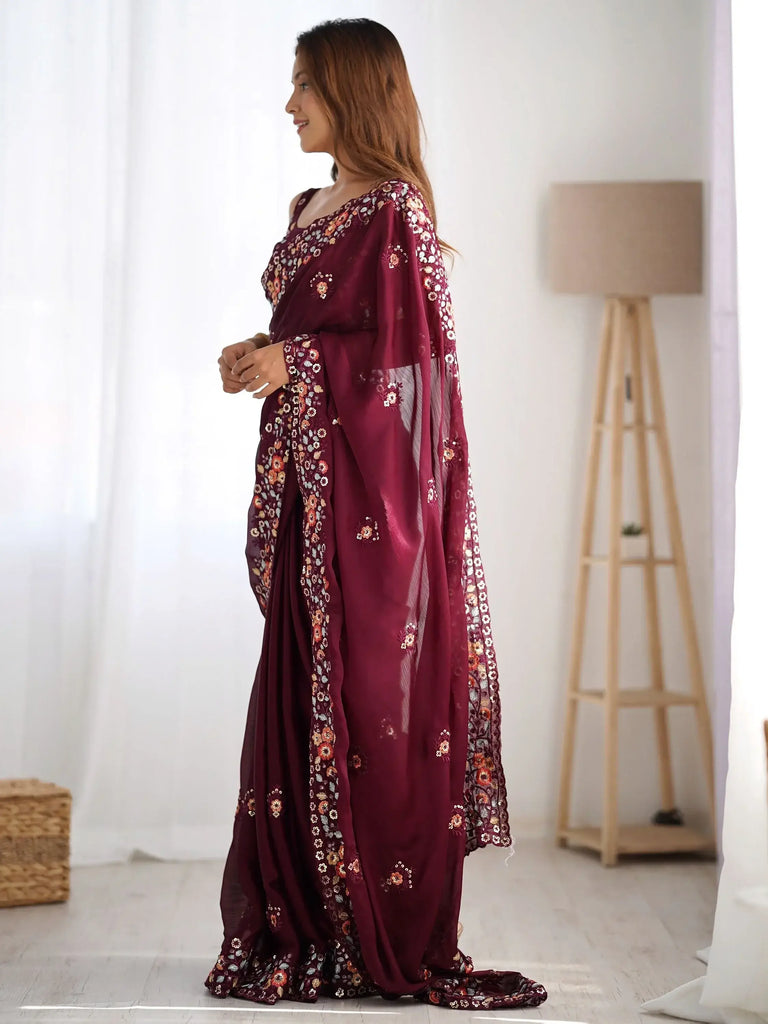 Marvelous Wine Floral Embroidered Satin Party Wear Saree With Blouse
