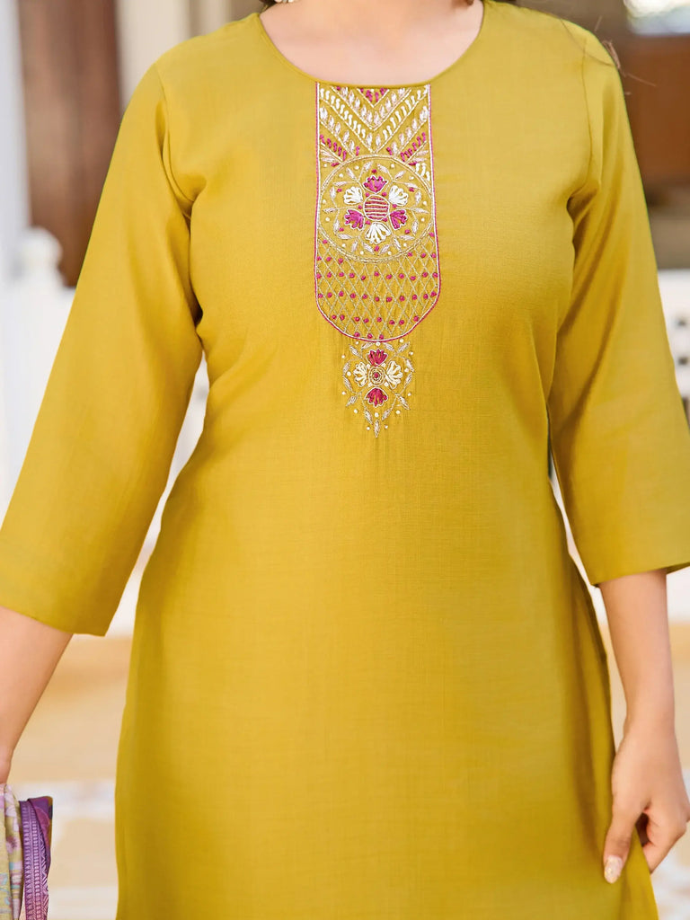 Amazing Mustard Yellow Thread Embroidered Silk Pant Suit With Dupatta