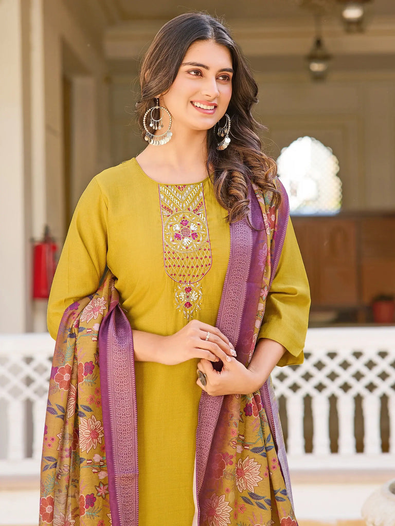 Amazing Mustard Yellow Thread Embroidered Silk Pant Suit With Dupatta