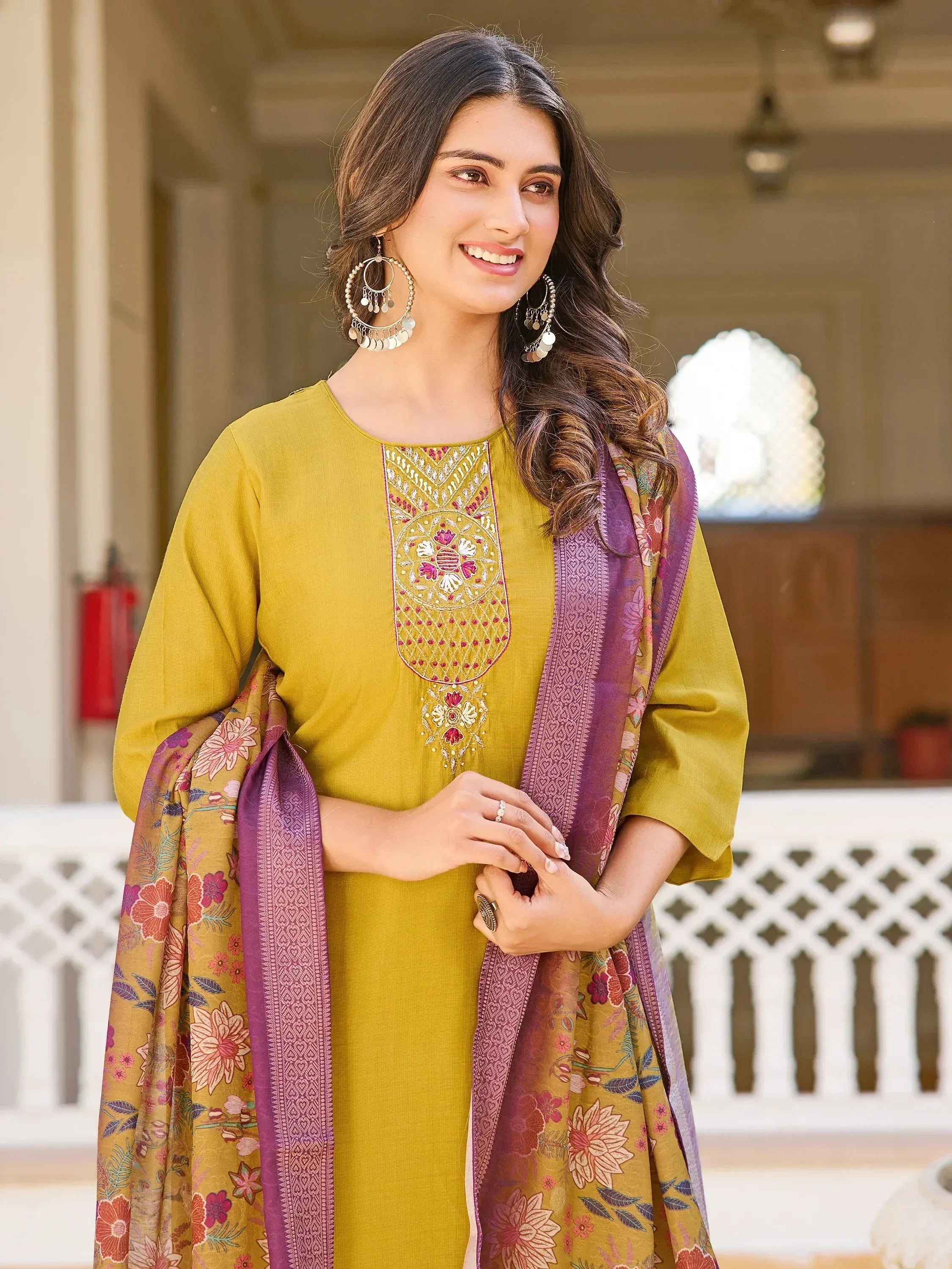 Yellow embroidered kurta with floral dupatta, Indian ethnic wear for women