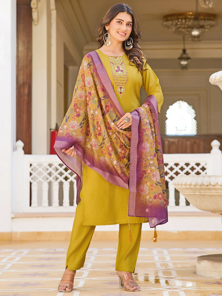 Amazing Mustard Yellow Thread Embroidered Silk Pant Suit With Dupatta