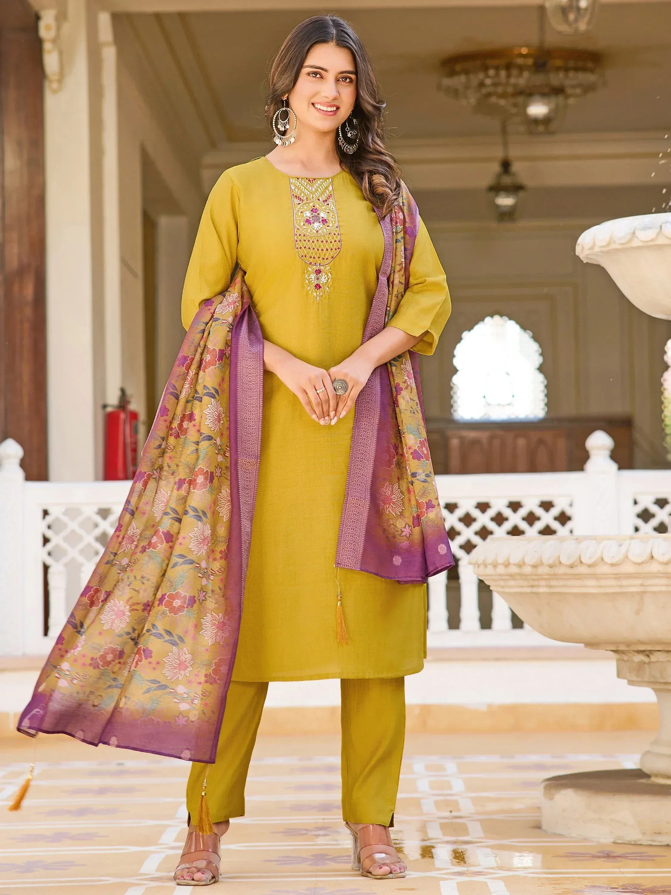 Mustard yellow embroidered kurta with floral dupatta, ethnic wear for women
