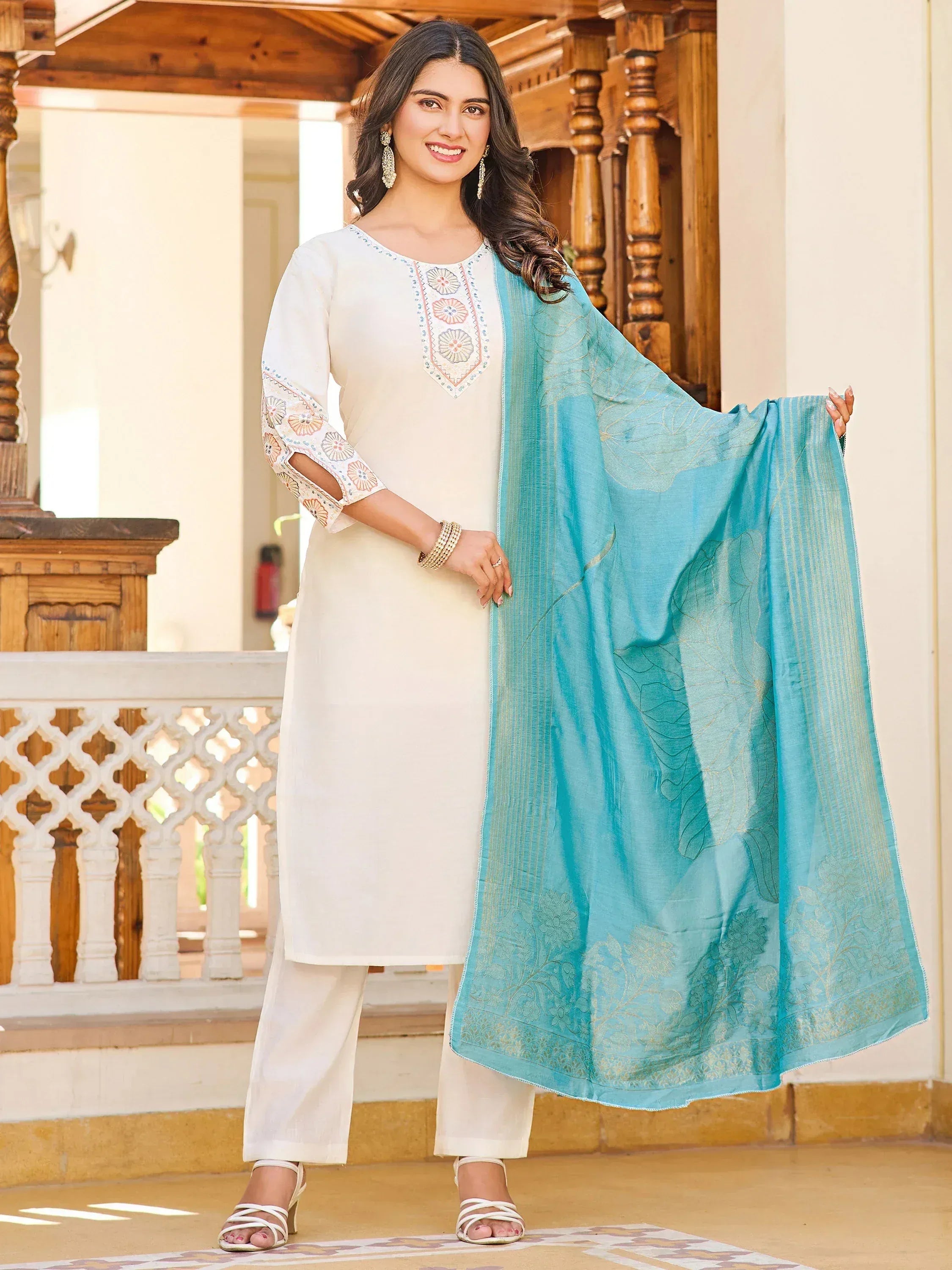 White embroidered kurta with blue dupatta, ethnic wear for women