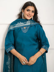 Awesome Teal Blue Embroidered Viscose Pant Suit With Dupatta
