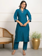 Awesome Teal Blue Embroidered Viscose Pant Suit With Dupatta
