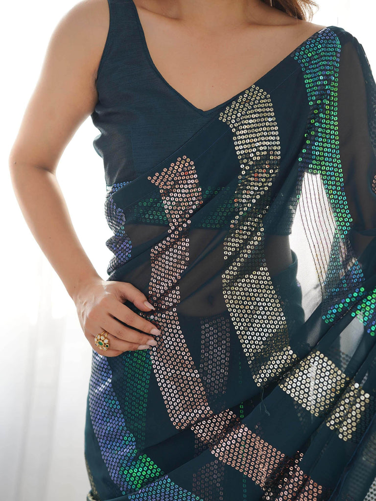 Fantastic Teal Blue Sequins Georgette Reception Wear Saree With Blouse