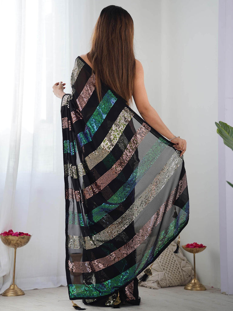 Wonderful Black Sequins Georgette Party Wear Saree With Blouse