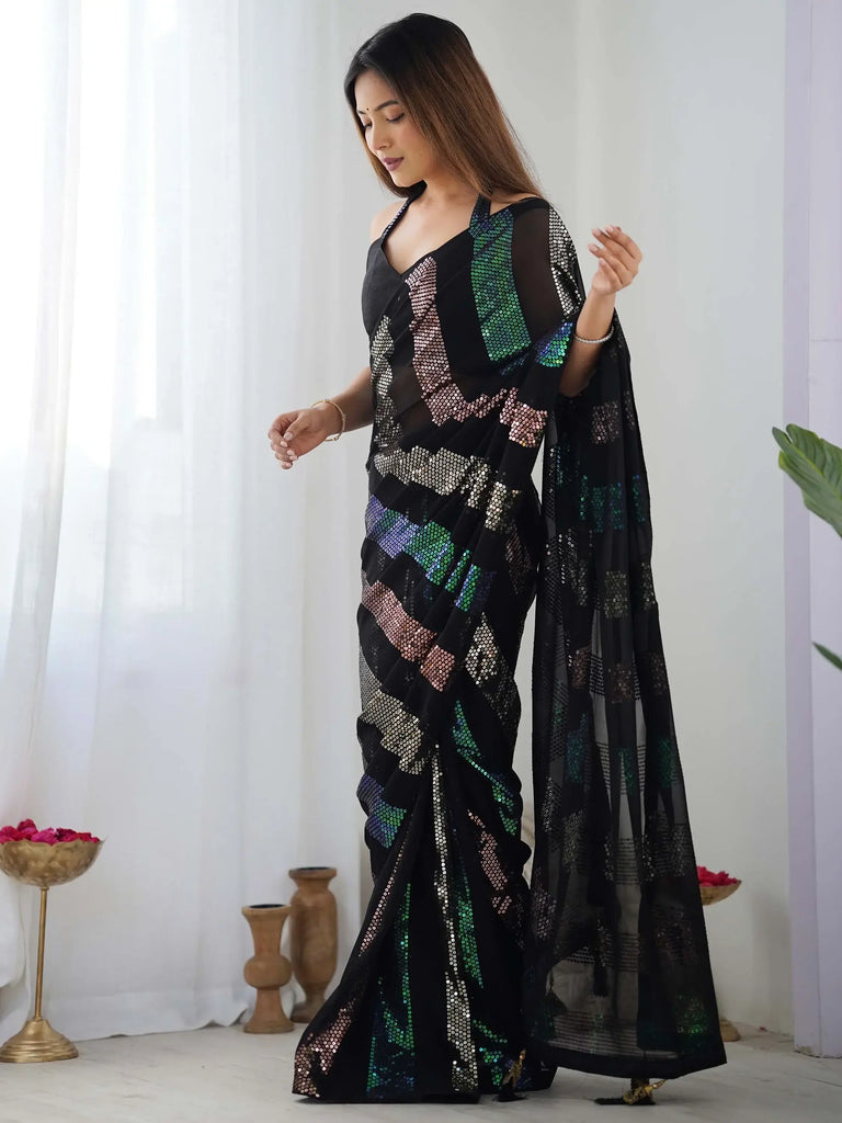 Wonderful Black Sequins Georgette Party Wear Saree With Blouse