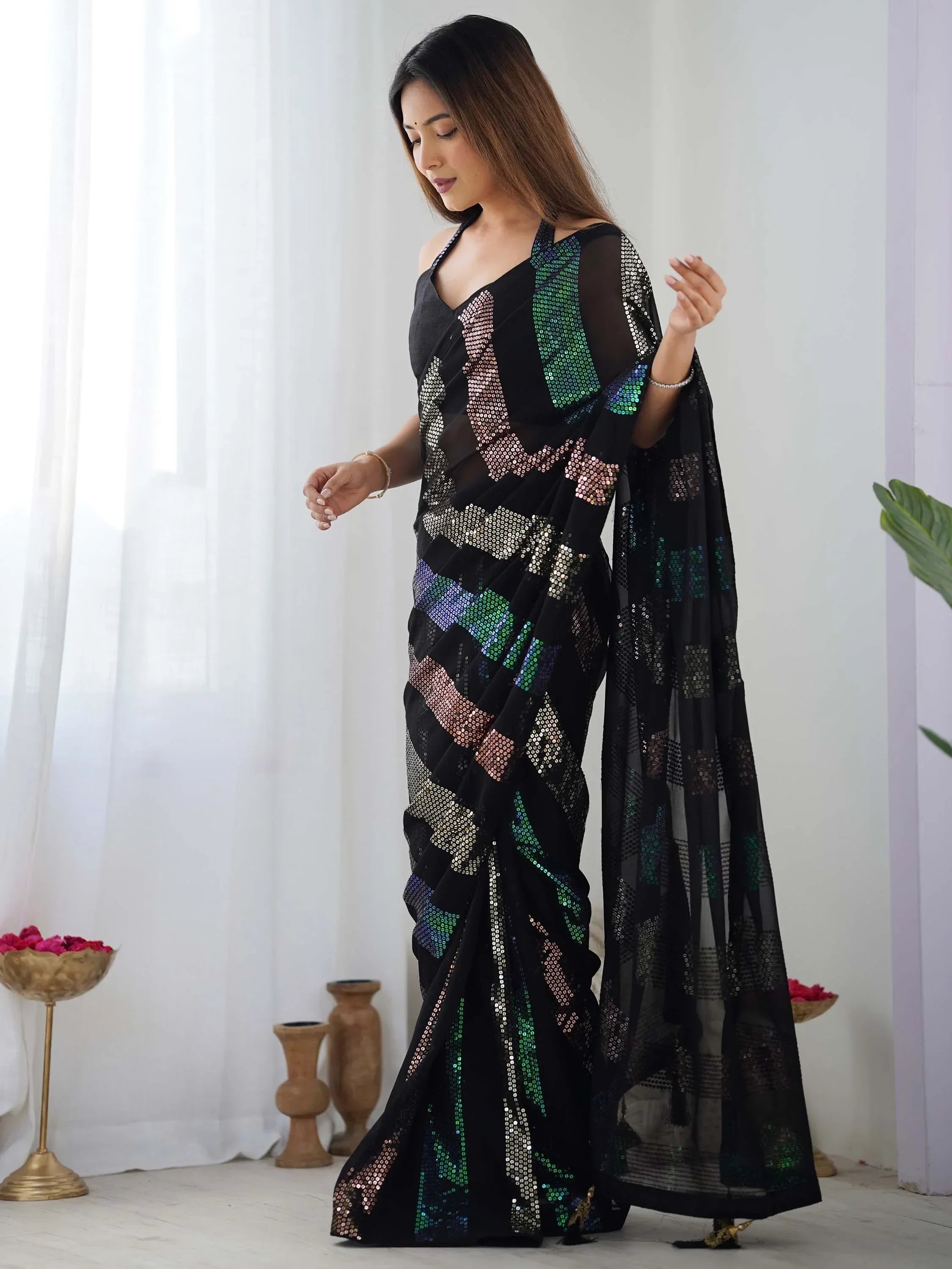 Wonderful Black Sequins Georgette Party Wear Saree With Blouse