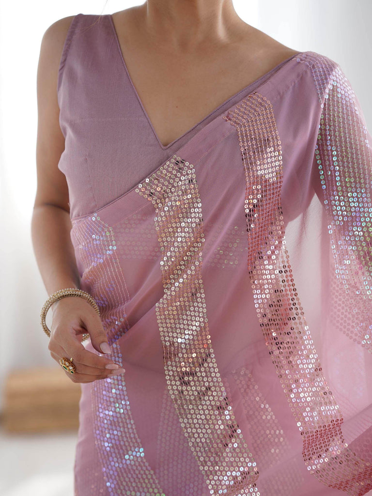 Marvelous Pink Sequins Georgette Engagement Wear Saree With Blouse