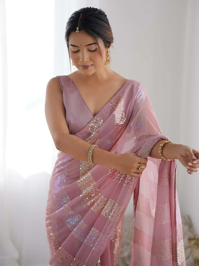 Marvelous Pink Sequins Georgette Engagement Wear Saree With Blouse