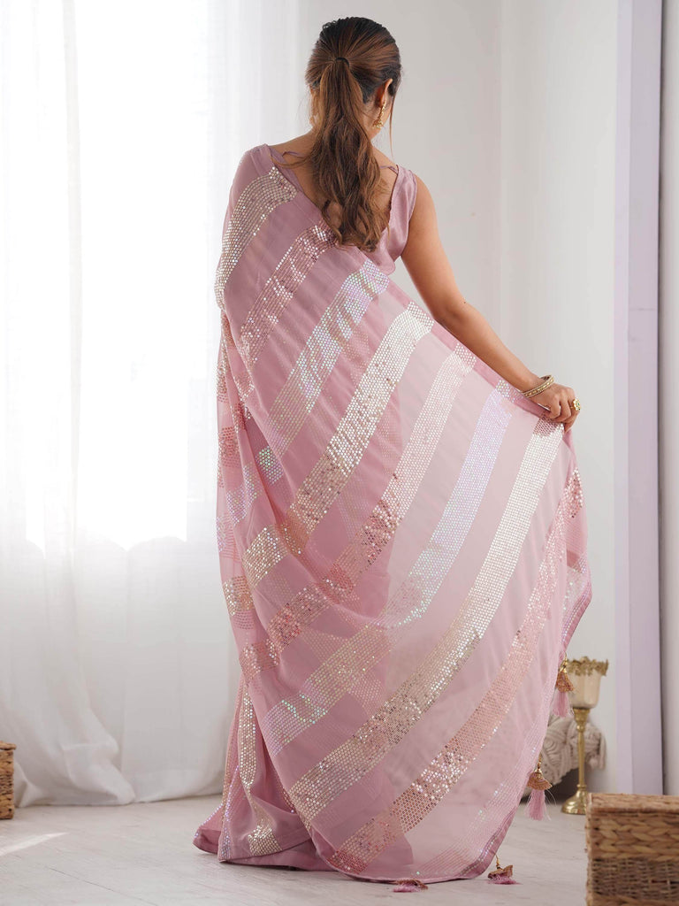 Marvelous Pink Sequins Georgette Engagement Wear Saree With Blouse