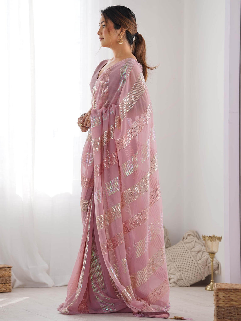 Marvelous Pink Sequins Georgette Engagement Wear Saree With Blouse