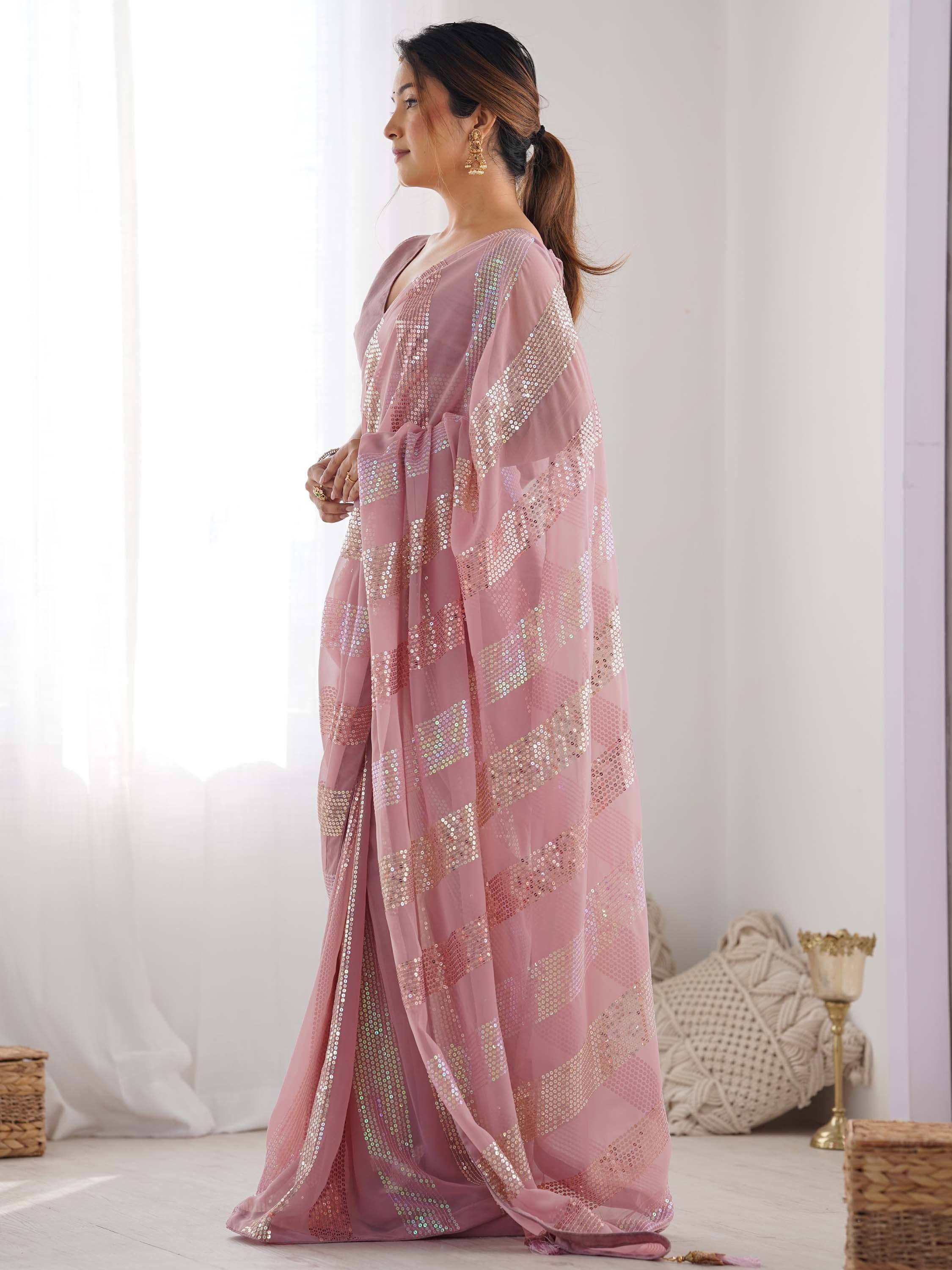 Marvelous Pink Sequins Georgette Engagement Wear Saree With Blouse