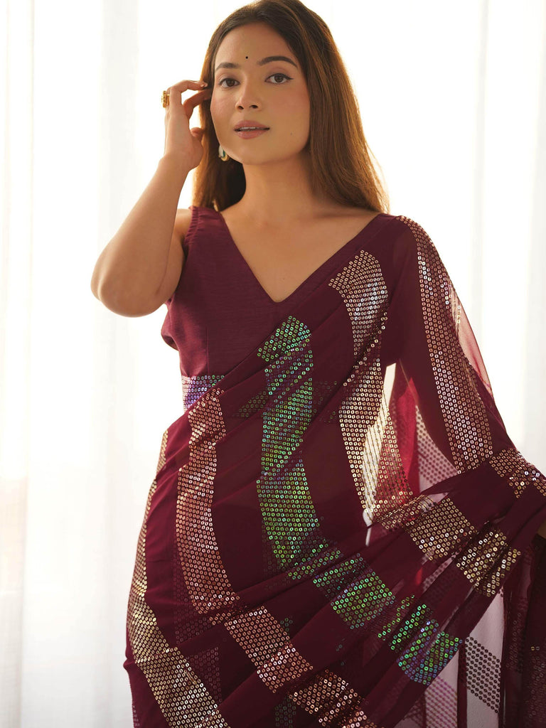 Marvelous Maroon Sequins Georgette Cocktail Party Wear Saree