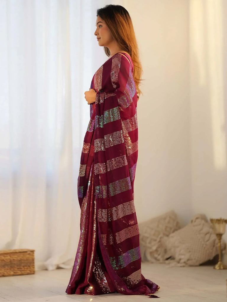 Marvelous Maroon Sequins Georgette Cocktail Party Wear Saree