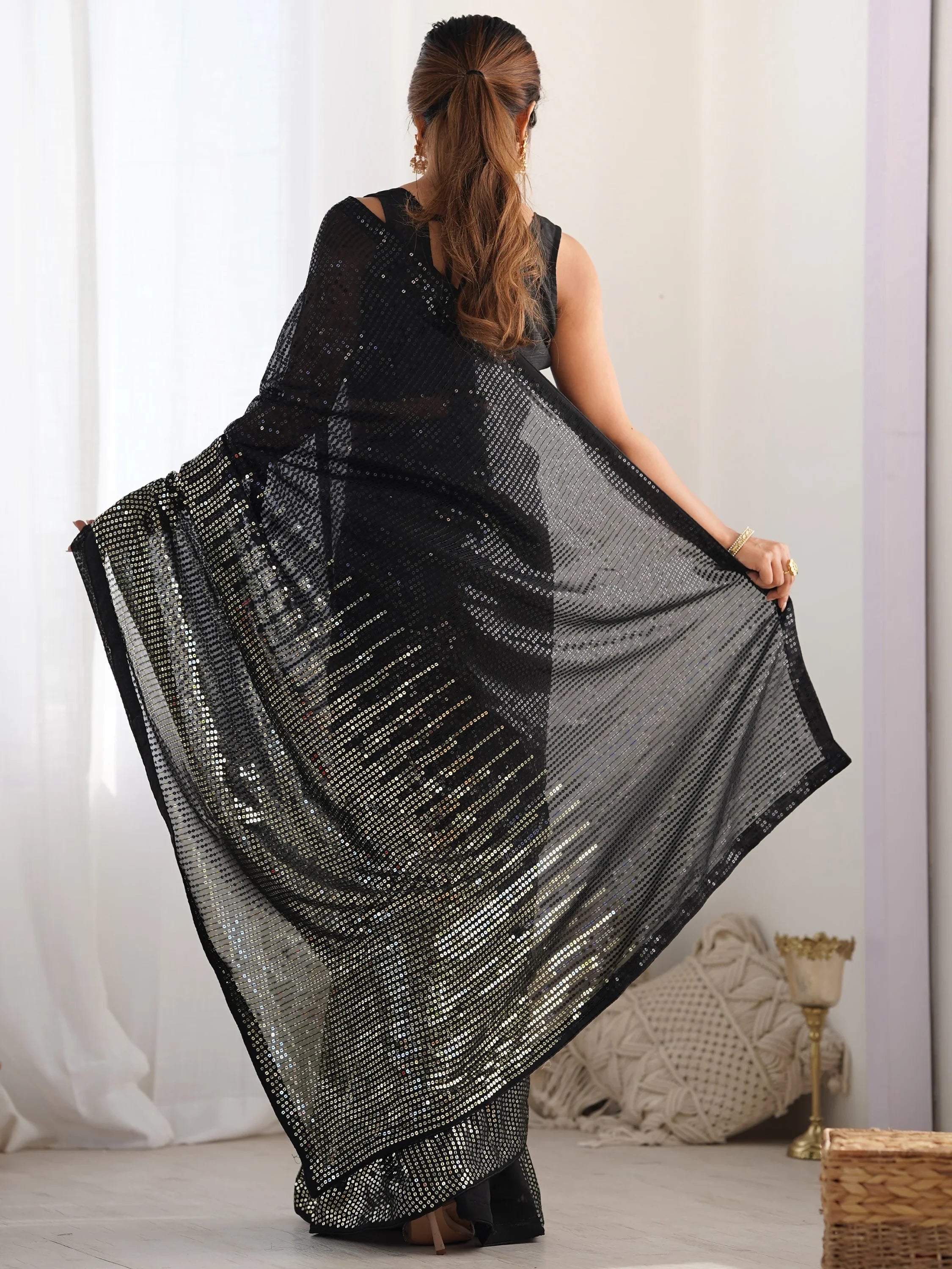 Astonishing Black Sequins Georgette Reception Wear Saree With Blouse