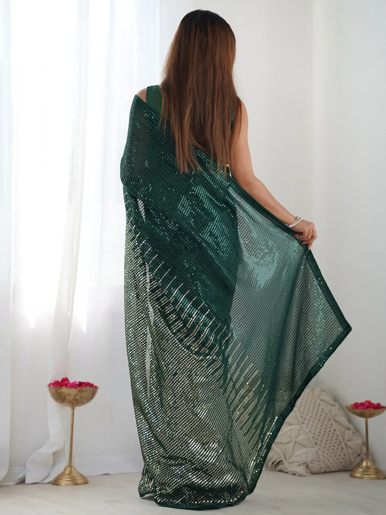 Dazzling Green Sequins Georgette Mehendi Wear Saree With Blouse