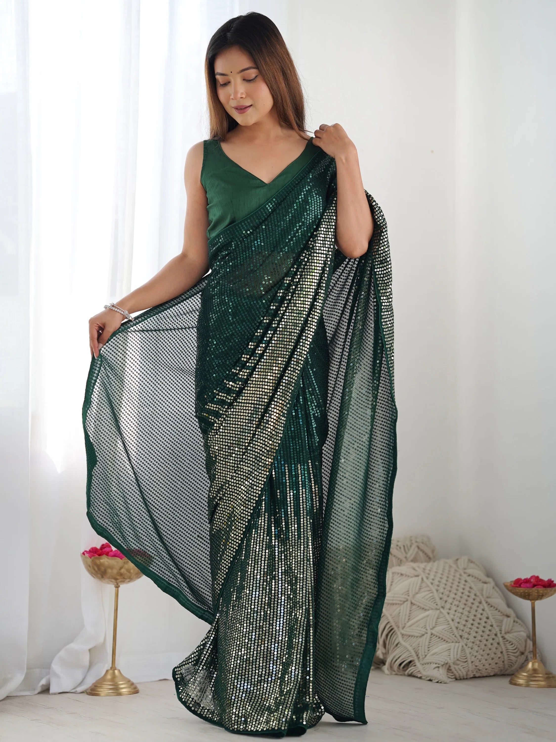 Dazzling Green Sequins Georgette Mehendi Wear Saree With Blouse