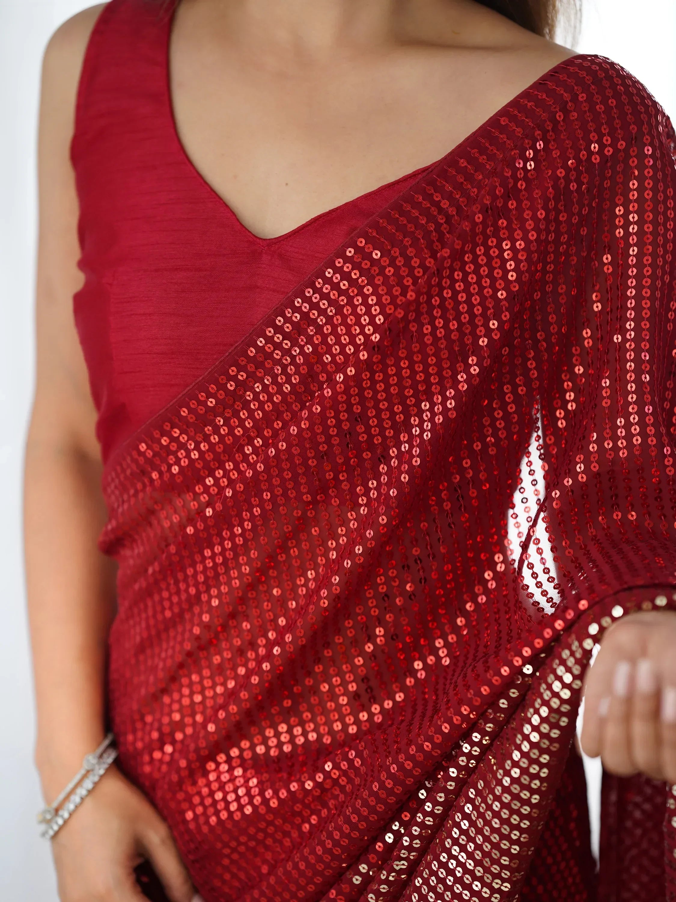 Enchanting Red Sequins Georgette Reception Wear Saree With Blouse