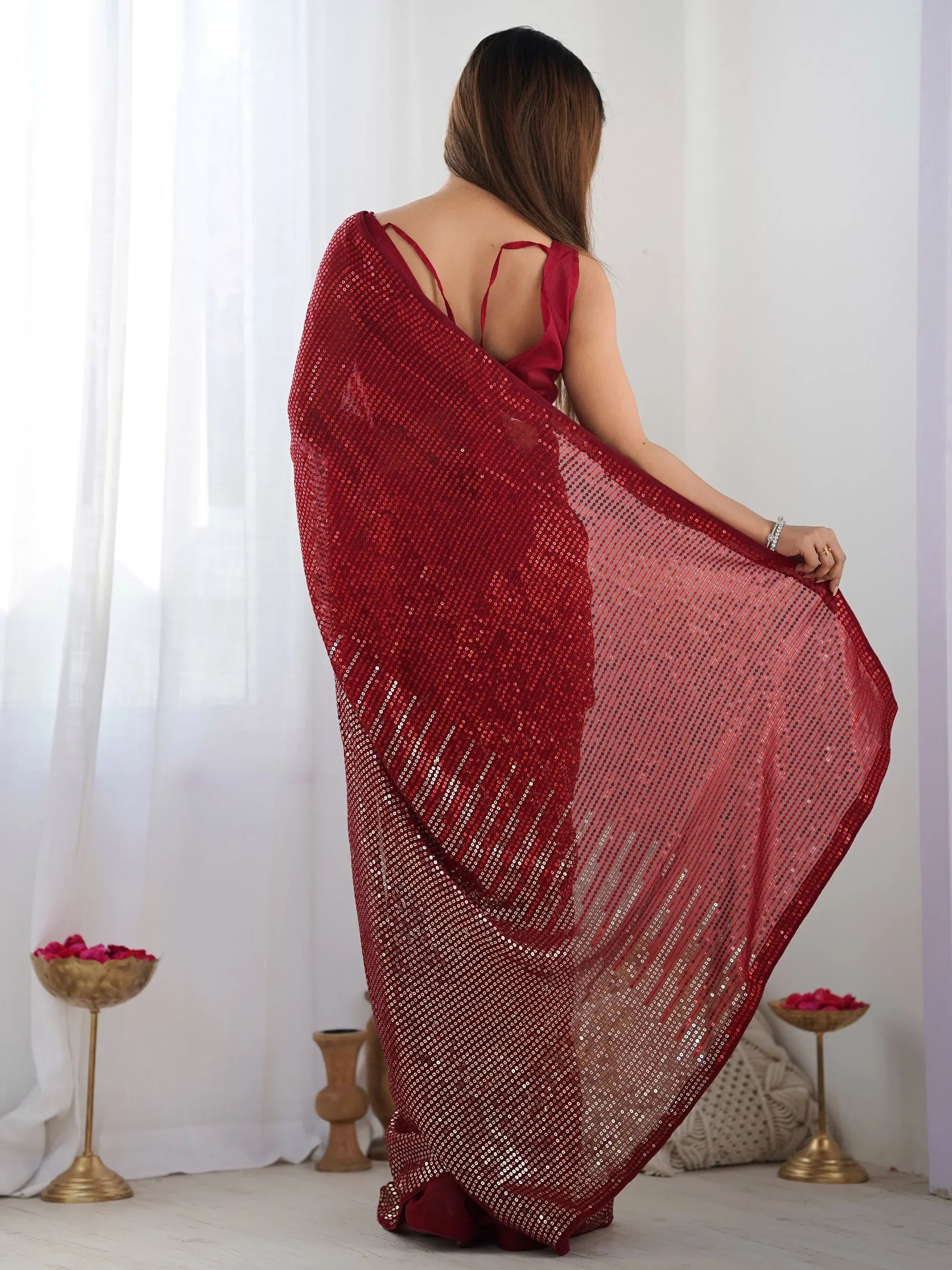 Enchanting Red Sequins Georgette Reception Wear Saree With Blouse