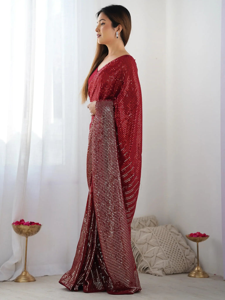 Enchanting Red Sequins Georgette Reception Wear Saree With Blouse