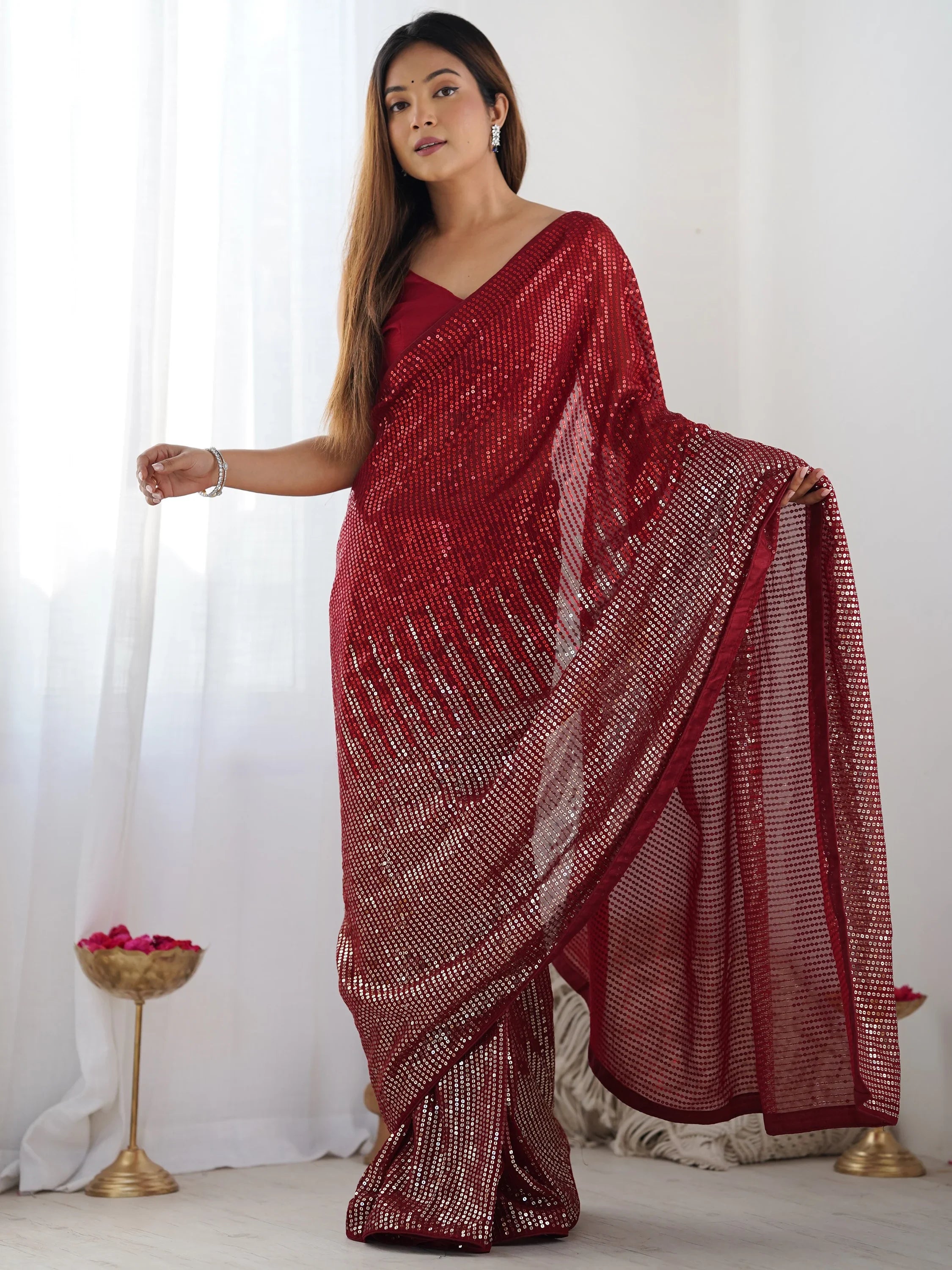 Enchanting Red Sequins Georgette Reception Wear Saree With Blouse