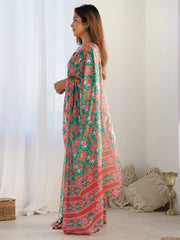 Attractive Green Digital Printed Chinon Festival Wear Saree With Blouse