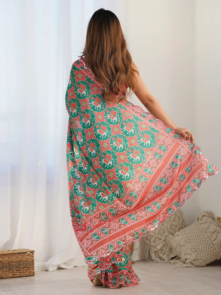Attractive Green Digital Printed Chinon Festival Wear Saree With Blouse