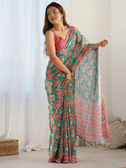 Attractive Green Digital Printed Chinon Festival Wear Saree With Blouse
