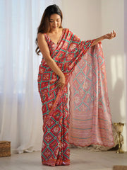 Gorgeous Red Digital Printed Chinon Casual Wear Saree With Blouse