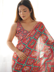 Gorgeous Red Digital Printed Chinon Casual Wear Saree With Blouse