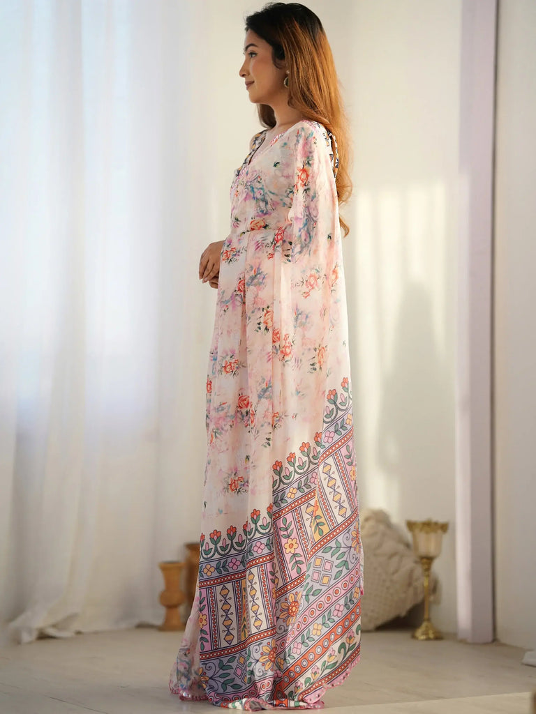 Stunning Cream Floral Printed Chinon Event Wear Saree With Blouse