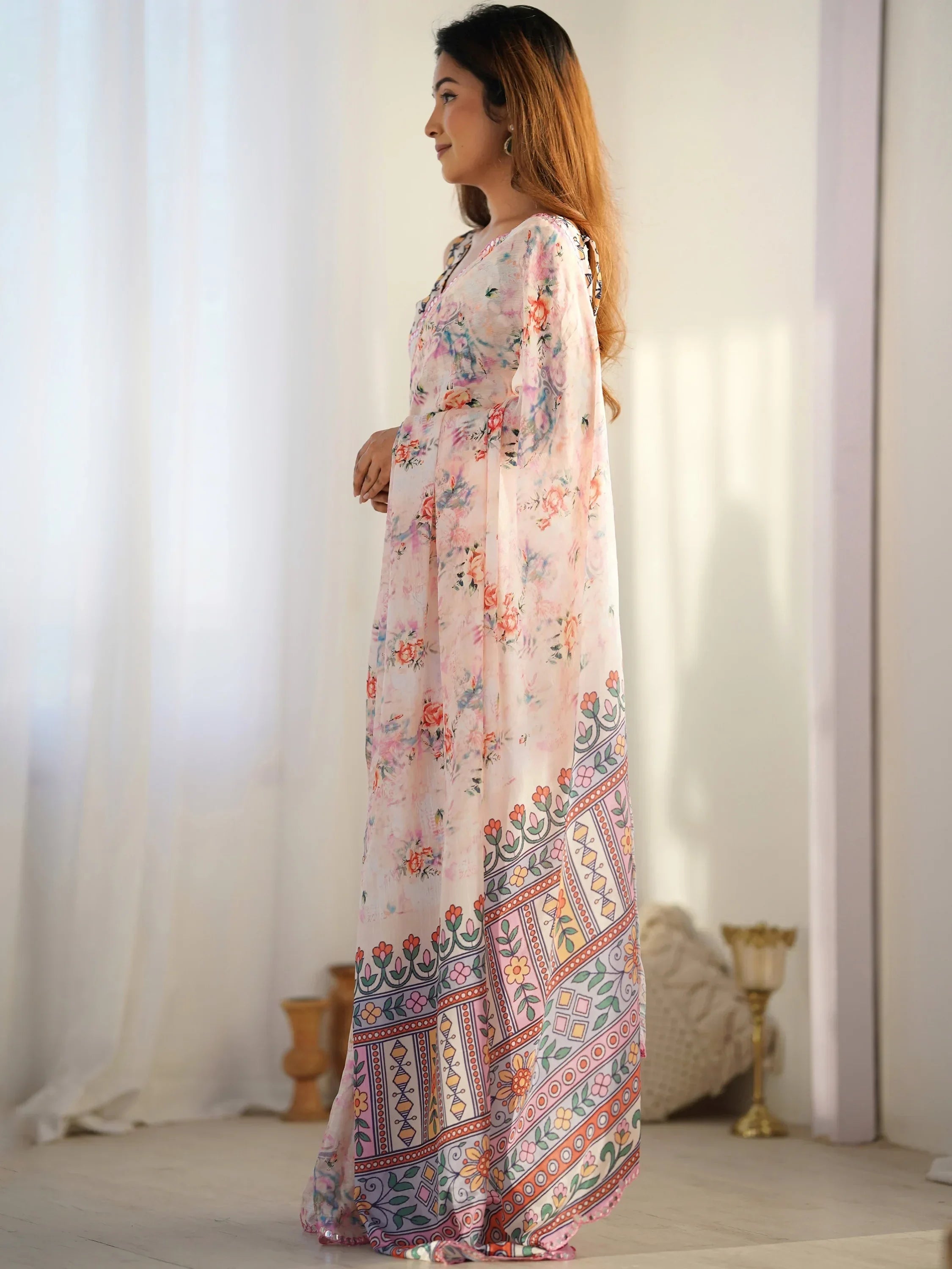 Stunning Cream Floral Printed Chinon Event Wear Saree With Blouse