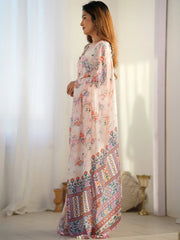 Stunning Cream Floral Printed Chinon Event Wear Saree With Blouse