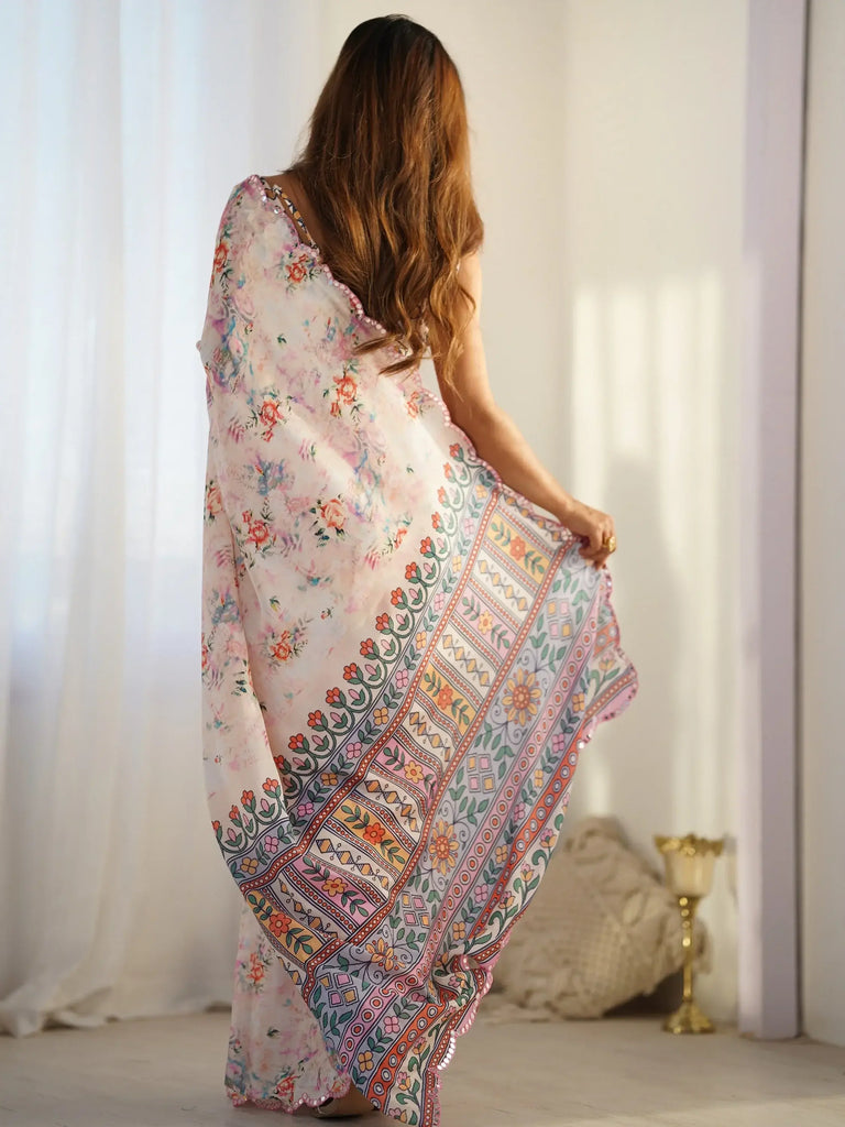 Stunning Cream Floral Printed Chinon Event Wear Saree With Blouse
