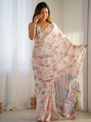 Stunning Cream Floral Printed Chinon Event Wear Saree With Blouse