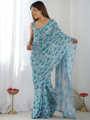 Incredible Sky-Blue Digital Printed Chinon Office Wear Saree With Blouse