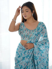 Incredible Sky-Blue Digital Printed Chinon Office Wear Saree With Blouse