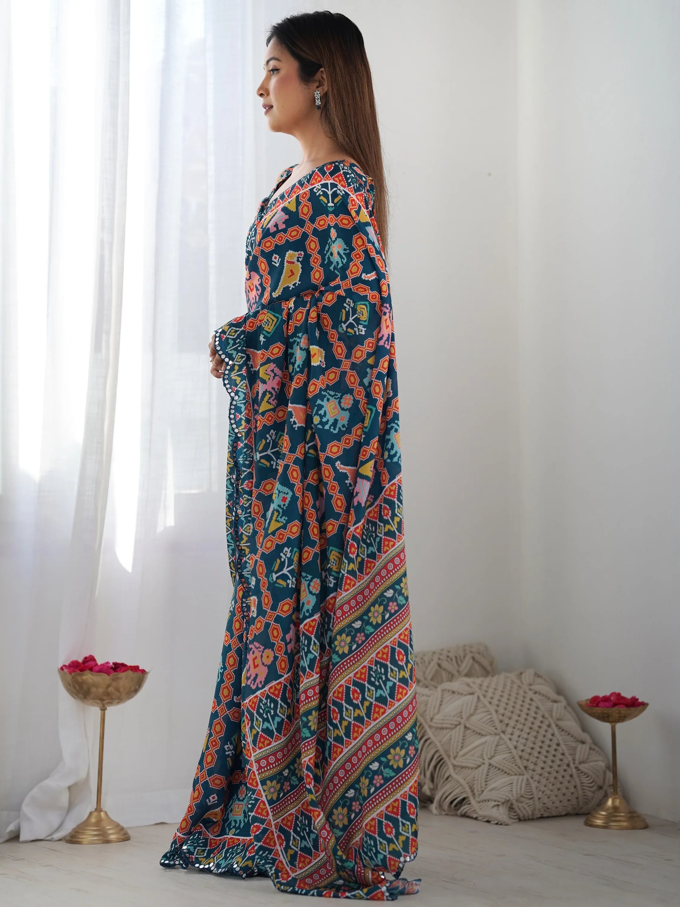 Astonishing Navy Blue Digital Printed Chinon Saree With Blouse