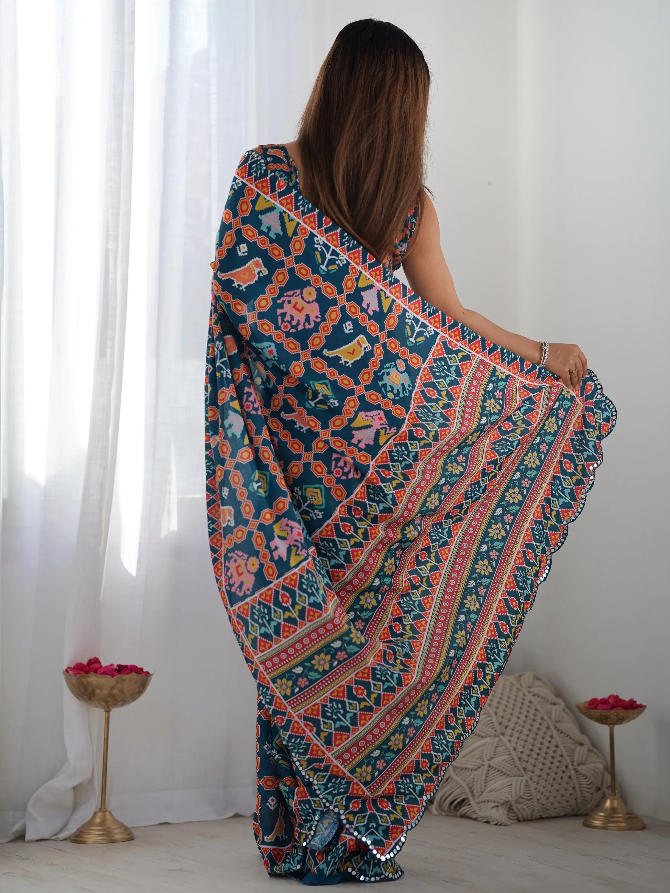 Astonishing Navy Blue Digital Printed Chinon Saree With Blouse