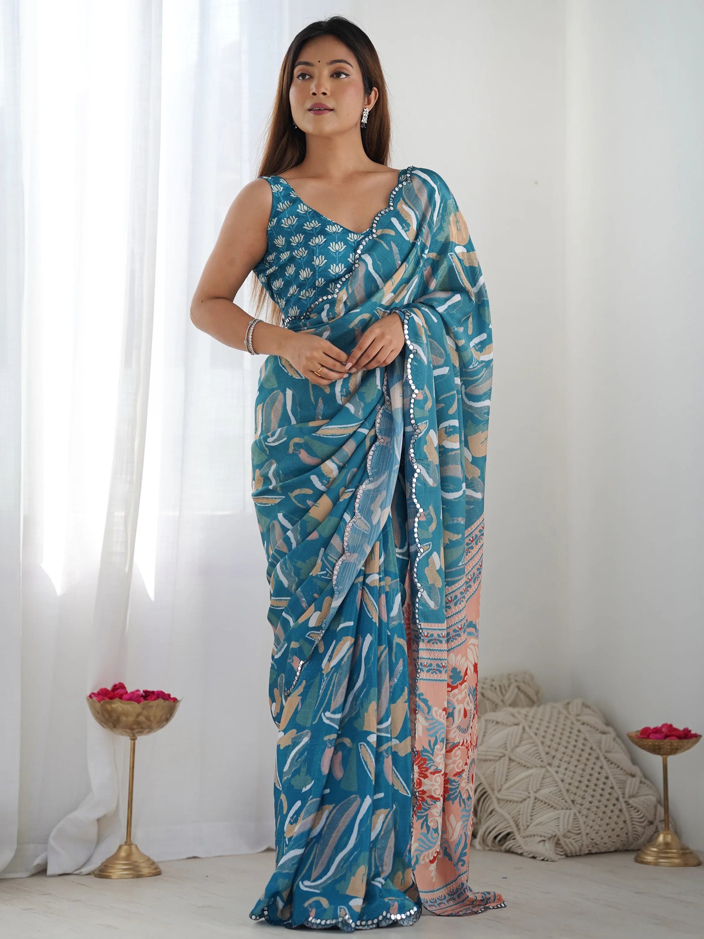 Marvelous Teal Blue Digital Printed Chinon Casual Wear Saree